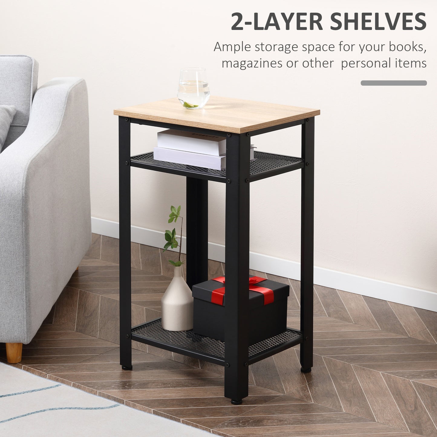 HOMCOM Industrial-Style Boxy Side Table 3 Layer 2 Shelves Storage Display w/ Metal Frame Stylish On-Trend Bedside End Table Nightstand