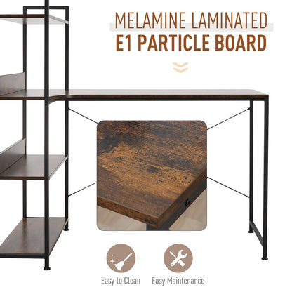 HOMCOM Retro Industrial Computer Desk Home Office Table with 4-Tier Storage Shelf Metal Frame Computer Workstation for Home Office, Brown