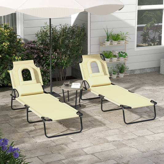 Outsunny Outdoor Folding Sun Lounger Set of 2 with Face Hole, 4 Level Adjustable Backrest Reclining Garden Lounger, Garden Recliner Sunbed with 600 D Oxford Cloth Seat and Pillow for Beach, Beige