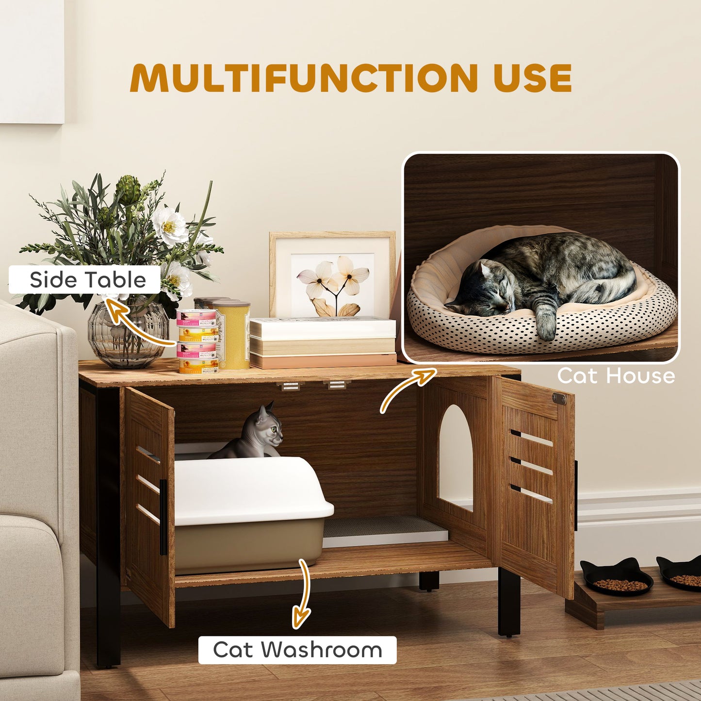 PawHut Cat Litter Box Enclosure with Tall Legs, Scratching Board, Double Doors, Ventilation Holes, 80 x 45 x 50 cm, Dark Brown