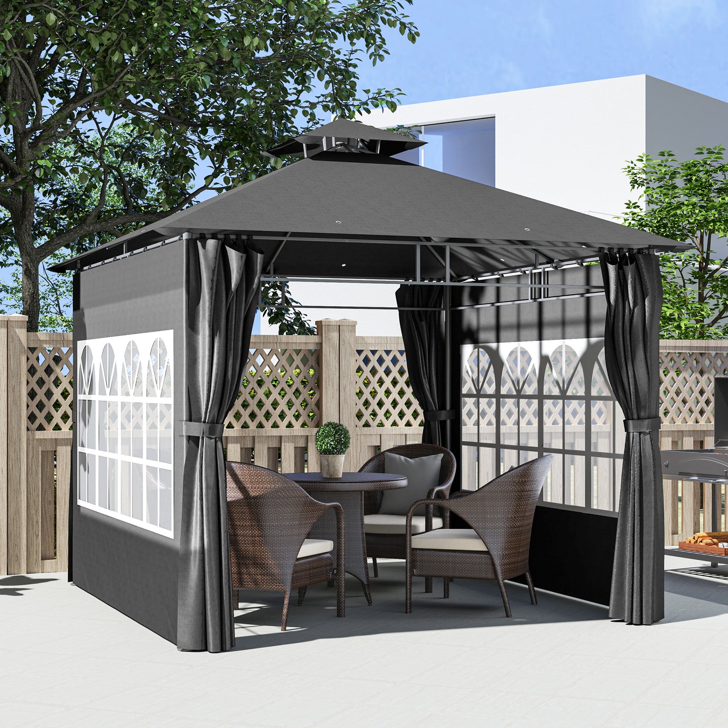 Outsunny 3 x 3 m Garden Gazebo, Double Roof Metal Gazebo with Removable Sidewalls and Church Windows, Outdoor Canopy Shelter, Dark Grey
