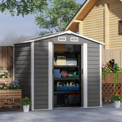 Outsunny 7 x 4ft Garden Shed, Easy to Assemble, Upgraded Galvanised Steel Frame with Foundation Kit, Double Doors with Lock, Outdoor Metal Shed with Vents and Gloves, Garden Storage Shed, Light Grey