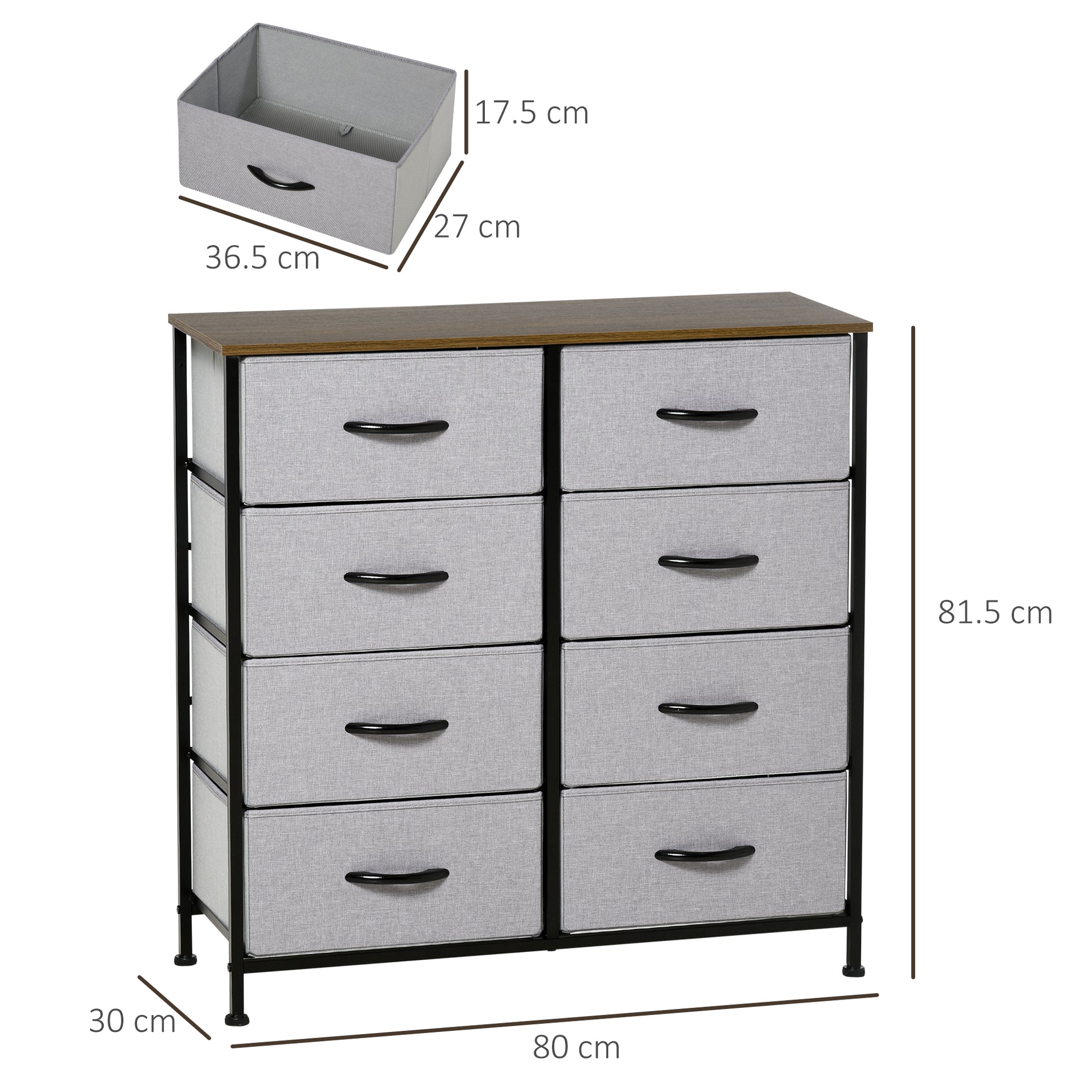 HOMCOM Chest of Drawers, Fabric Storage Drawers, Industrial Bedroom Dresser w/8 Fabric Drawers, Steel Frame, Wooden Top for Nursery, Living Room Grey