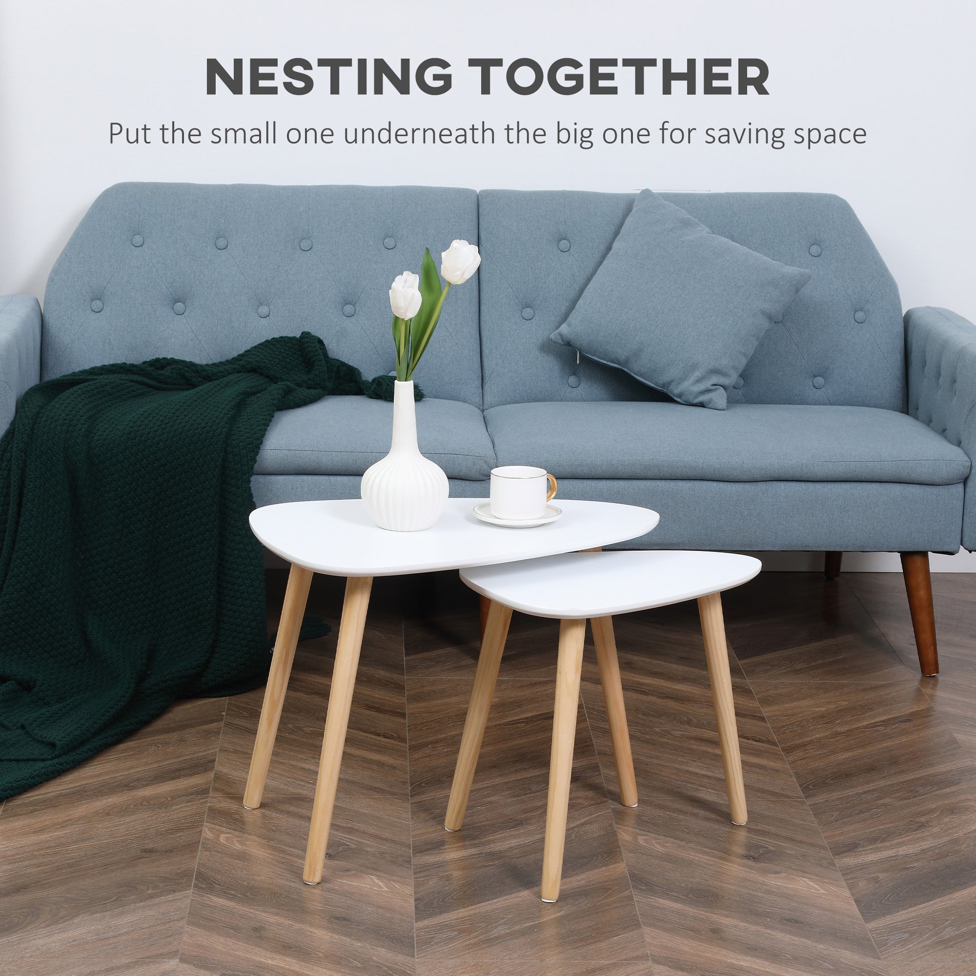 HOMCOM Modern Side Table Set of 2, Triangular Nest of Tables, End Table with Solid Wood Legs, for Living Room Bedroom, White