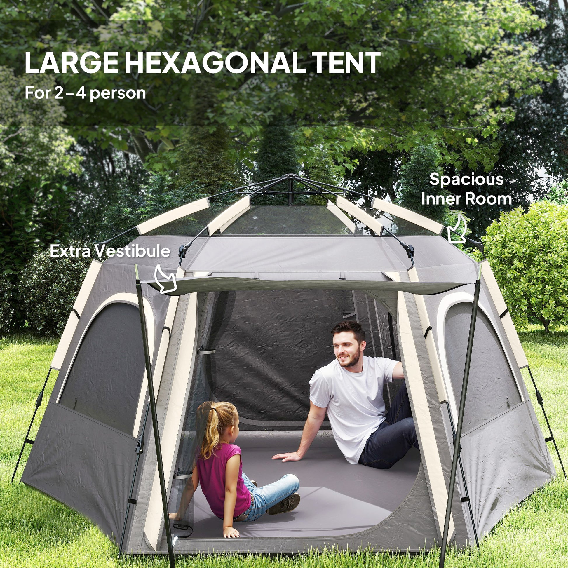 Outsunny Instant Camping Tent, 2/3/4 Person Easy Setup Dome Family Tent with Vestibule, Rainfly, 4 Mesh Windows & 2 Doors, Hexagonal Design, Waterproof & UV Protected, Dark Grey