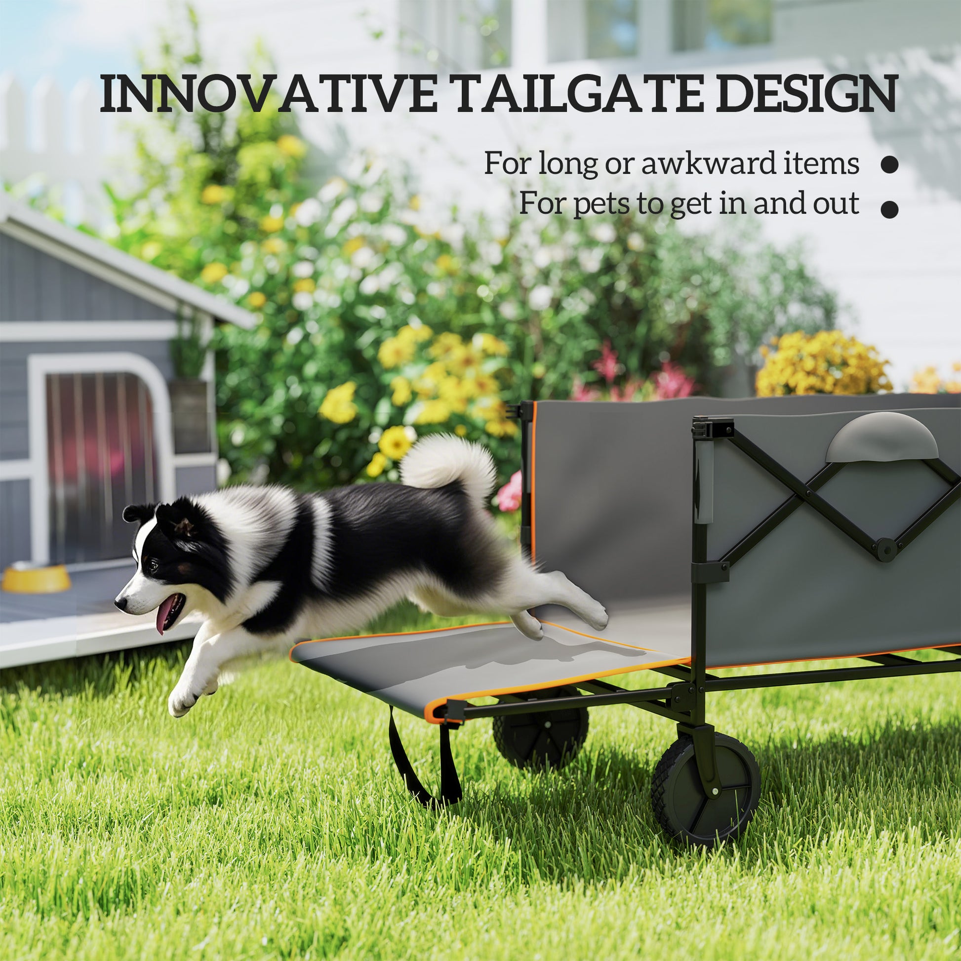 Outsunny 160L Festival Trolley on Wheels, Folding Camping Trolley Cart w/ Tailgate, 100kg Heavy Duty Garden Collapsible Folding Wagon w/Adjustable Handle, Carry Bag for Beach Picnic, Grey and Orange