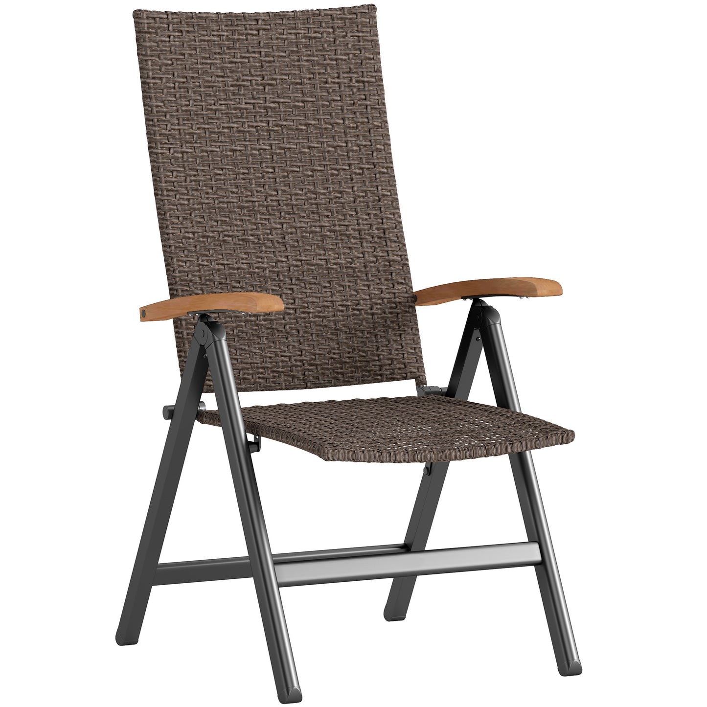 Outsunny Outdoor Folding Rattan Chair with Armrests, High Backrest, for Garden, Camping, Balcony, Porch - Brown