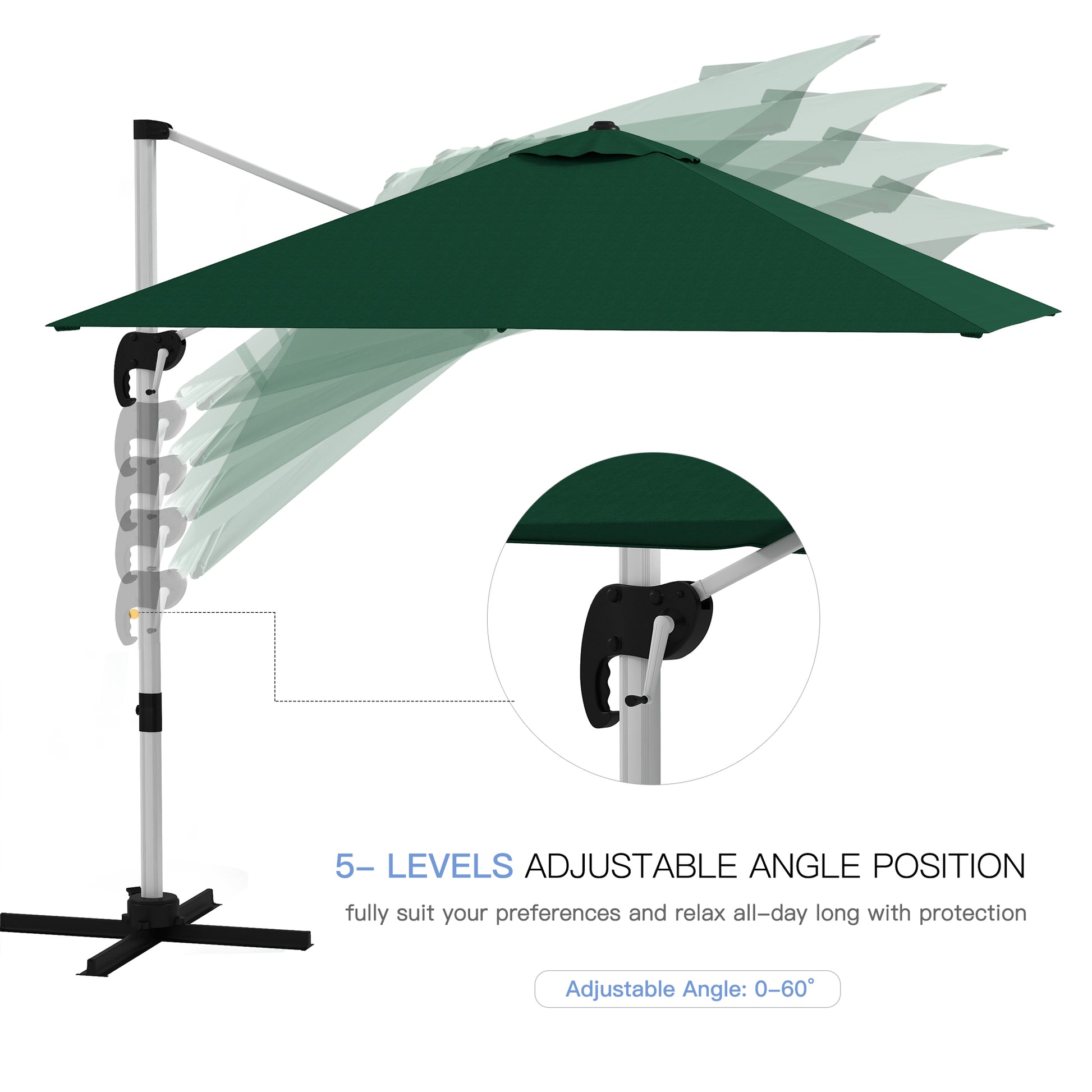 Outsunny Square Cantilever Garden Parasol, with Five-Position Canopy - Green