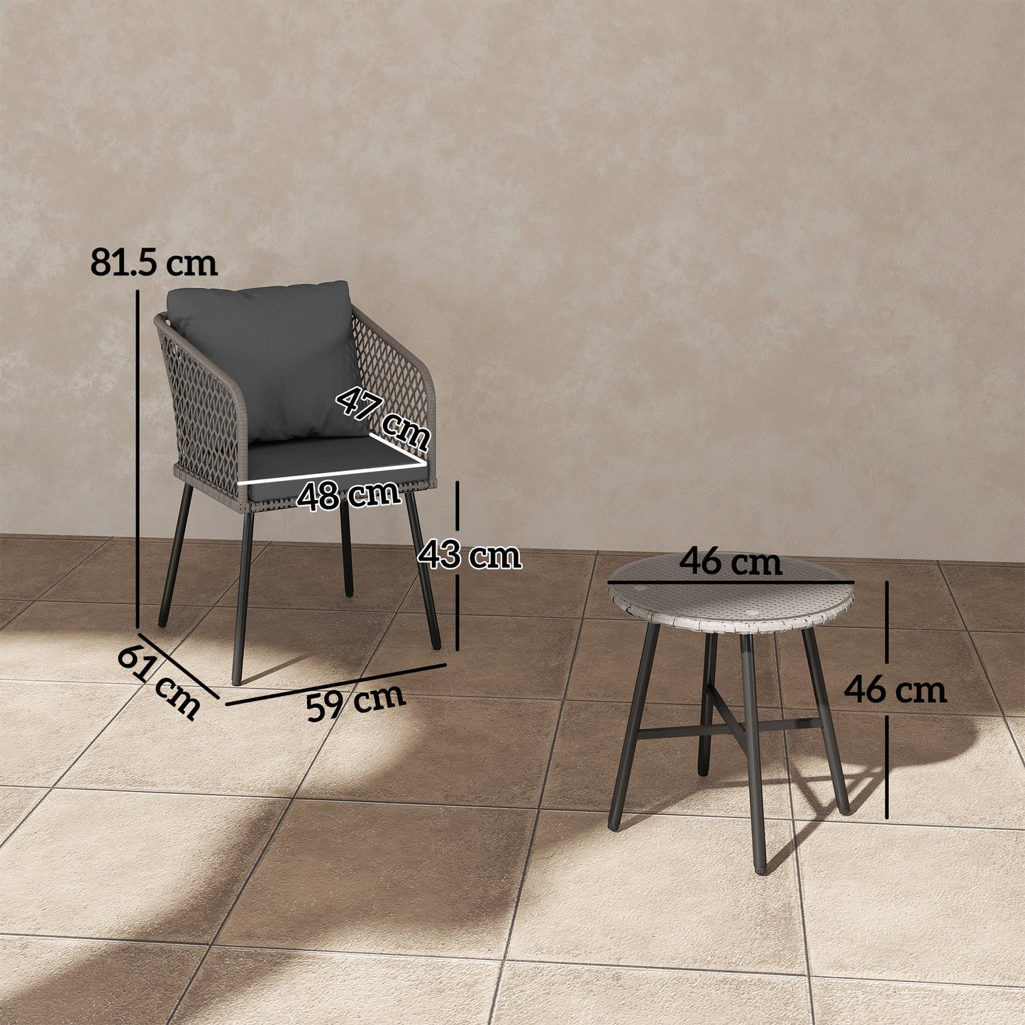 Outsunny Three-Piece Cut-Out Rattan Chair and Table Set - Grey