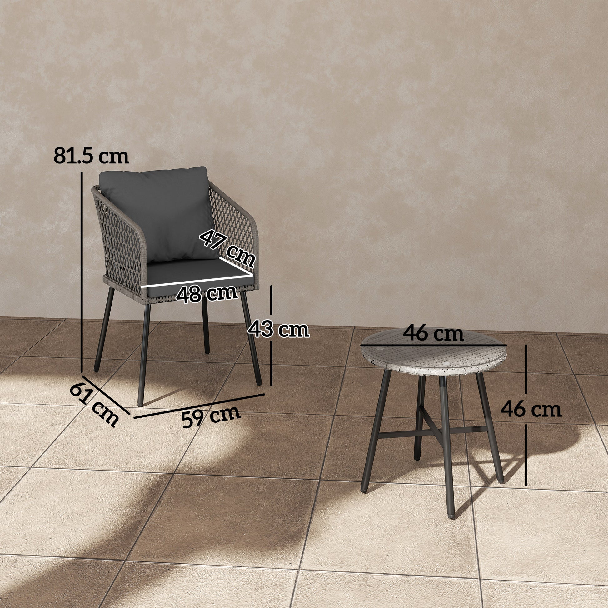 Outsunny Three-Piece Cut-Out Rattan Chair and Table Set - Grey