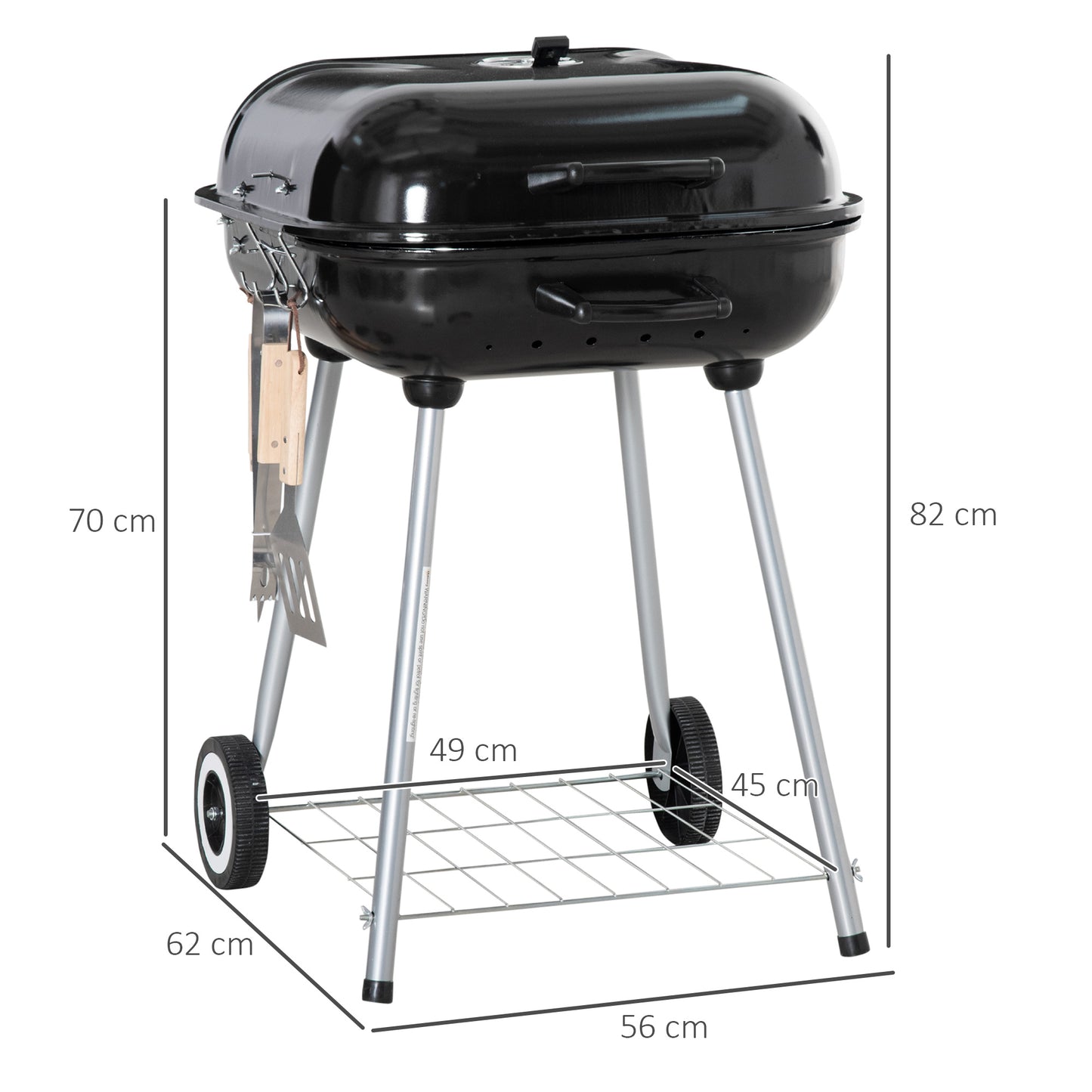 Outsunny Portable BBQ Charcoal Grill with 2 Wheels and Cooking Utensils, Smoker Grill with Lid for Outdoor Barbecues, Camping, Picnic, Courtyard