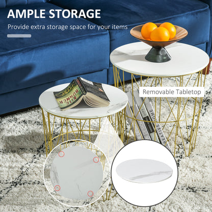 HOMCOM Set of 2 Nesting Side Tables with Storage, Round End Tables Coffee Tables with Steel Frame and Removable Round Top, White