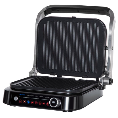 HOMCOM Health Grill & Panini Press, 2100W Electric Non-stick Grill with 180° Flat Open, Drip Tray, Removable Plate, Spatula and 8 Automatic Settings