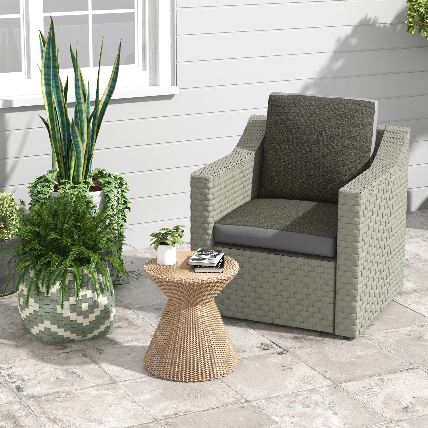 Outsunny 4 Pieces Outdoor Seat Cushions with Backrest, Fabric and PE Rattan Cover, Water Repellent Seat Pads for Chair, Swing, Sofa, Grey