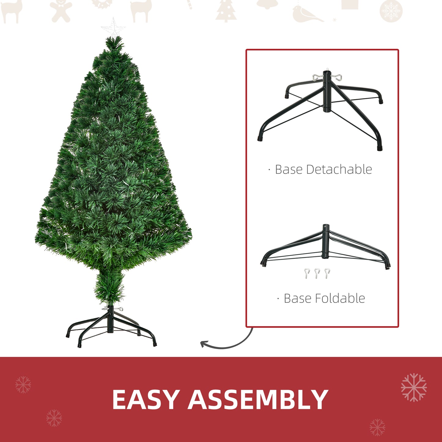 HOMCOM Prelit Christmas Tree Artificial Tree, Metal Base, Pre-Lit, 1.2m