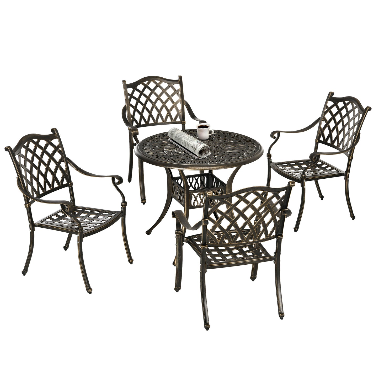 Outsunny 5-Piece Outdoor Furniture Dining Set, Cast Aluminum Conversation Set Includes 4 Chairs and ?90cm Round Table with ?50mm Umbrella Hole for Patio Garden Deck, Flower Design
