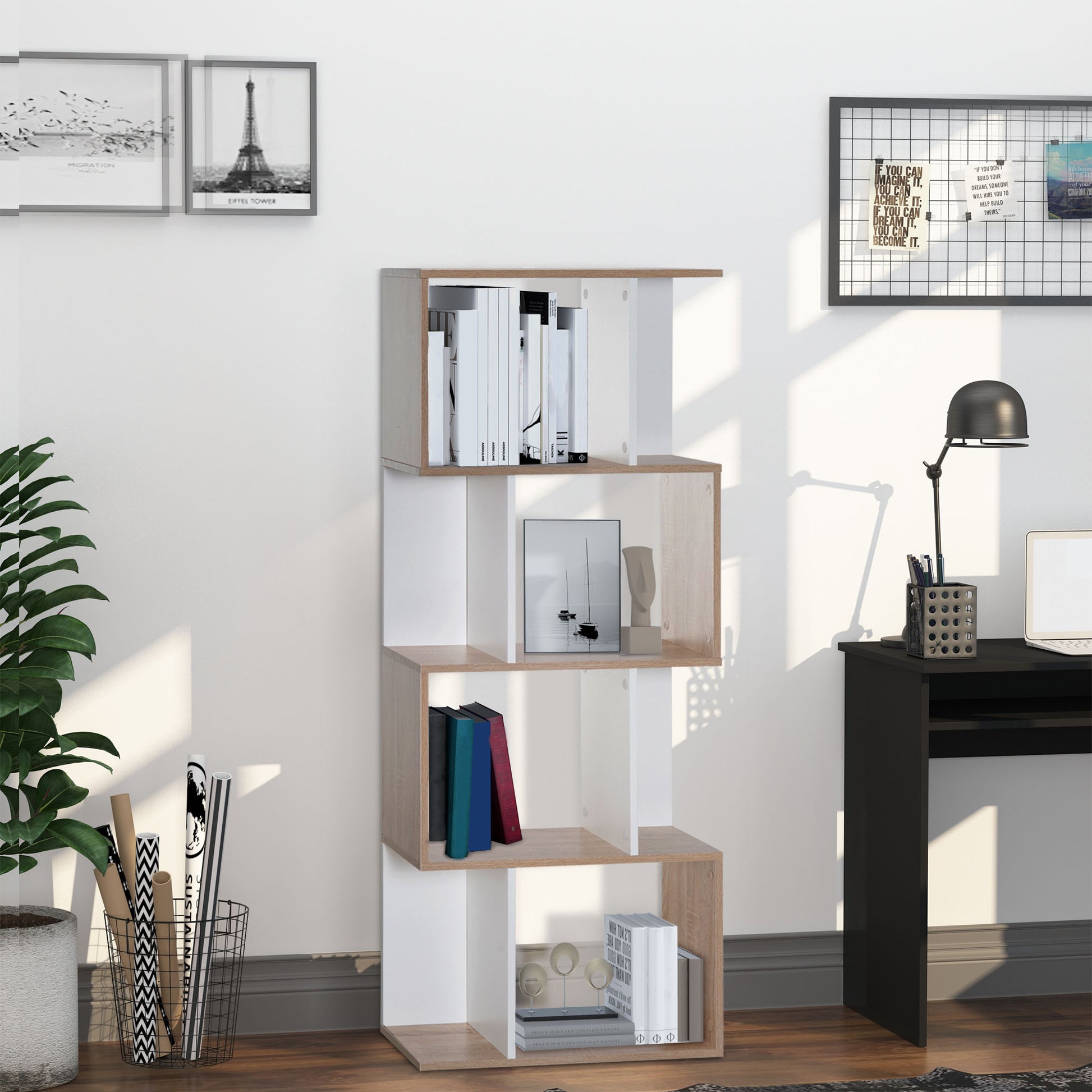 HOMCOM Particle Board 4-tier Storage Display Shelving Bookcase Unit Divider S Shape design Divider Unit