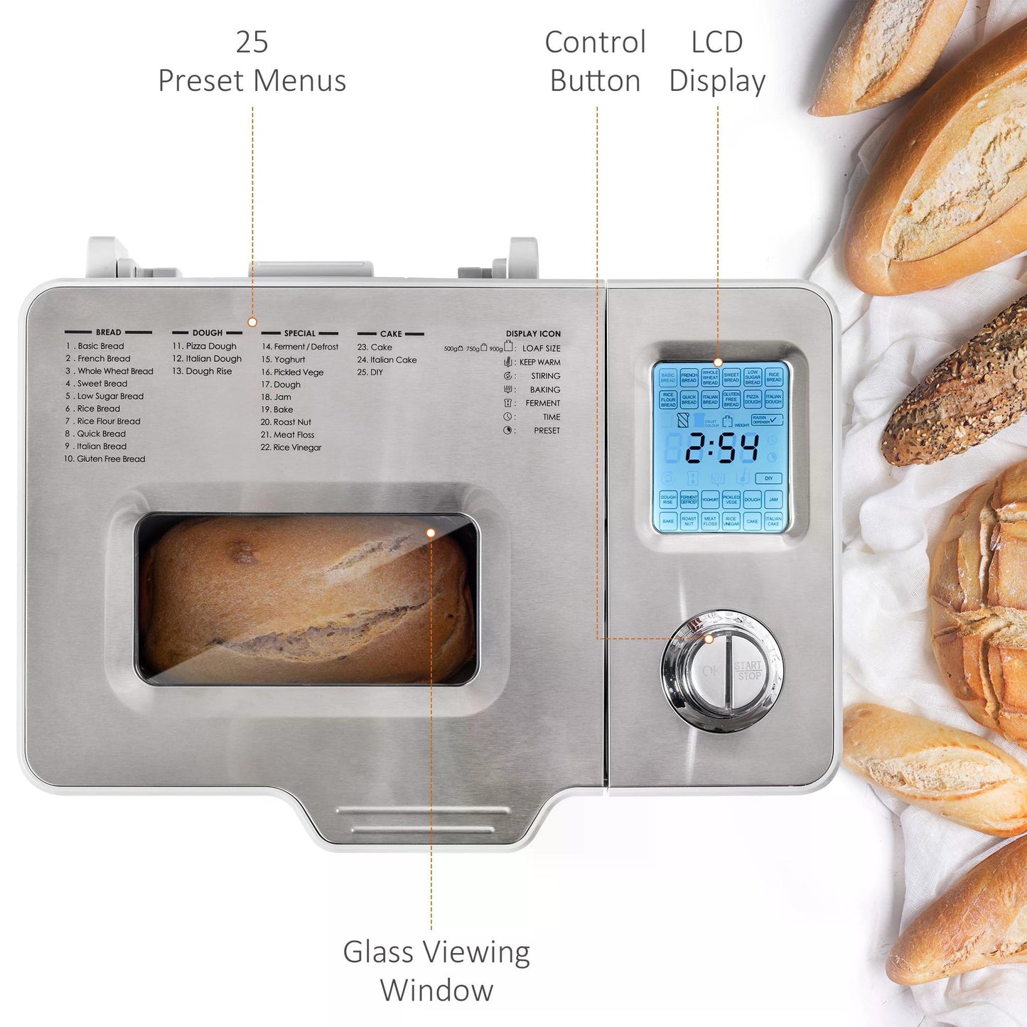 HOMCOM 25 in 1 Bread Machine 0.9 KG Capacity Programmable Stainless Steel Dough Maker with Auto Fruit Nut Dispenser Nonstick Pan 3 Loaf Sizes, 550W