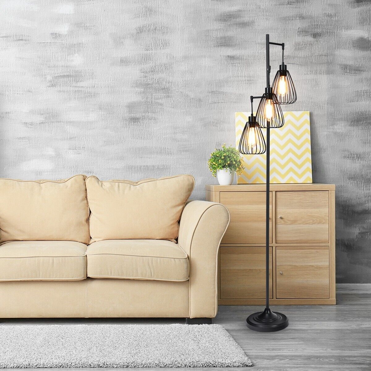 Industrial 3-Light Metal Floor Lamp with Foot Switch