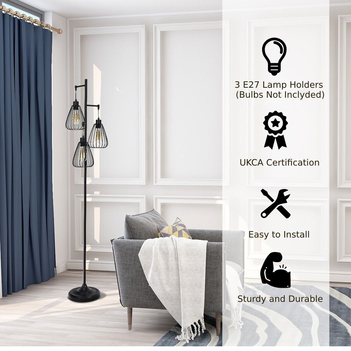 Industrial 3-Light Metal Floor Lamp with Foot Switch