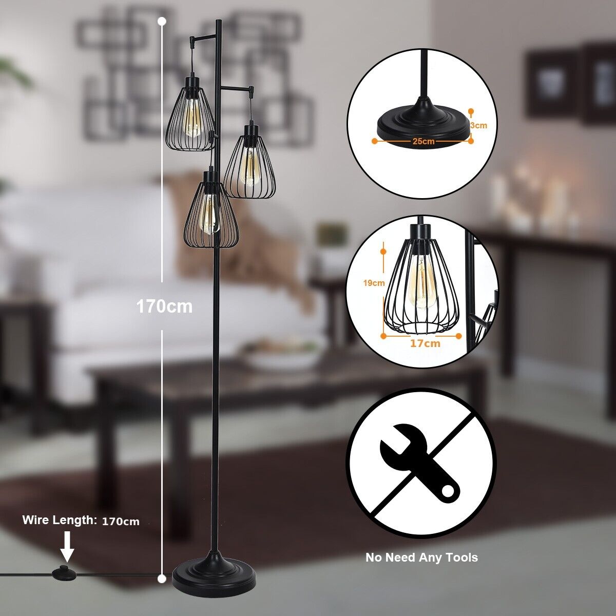 Industrial 3-Light Metal Floor Lamp with Foot Switch