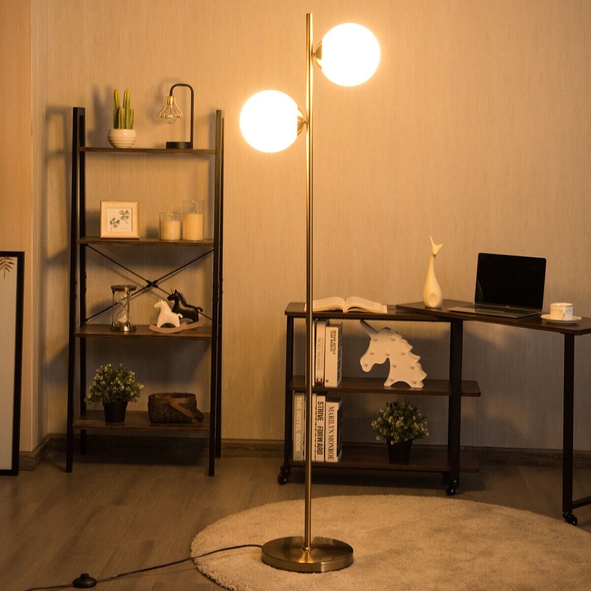 Modern Freestanding 2 Heads Globe Floor Lamp with Foot Switch-Golden