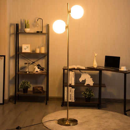 Modern Freestanding 2 Heads Globe Floor Lamp with Foot Switch-Golden