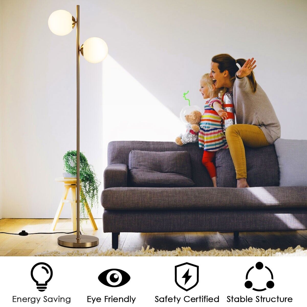 Modern Freestanding 2 Heads Globe Floor Lamp with Foot Switch-Golden