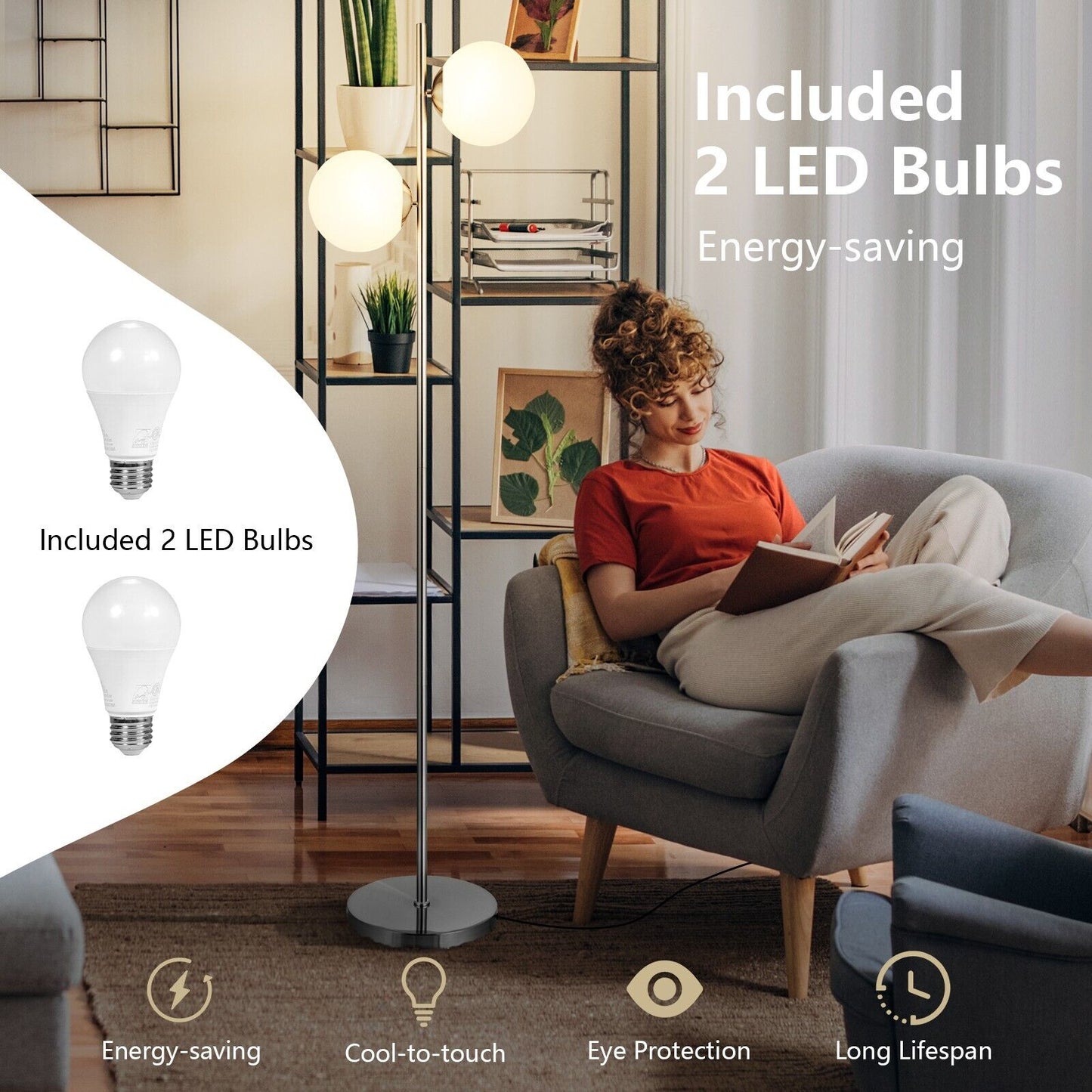 Modern Freestanding 2 Heads Globe Floor Lamp with Foot Switch-Silver