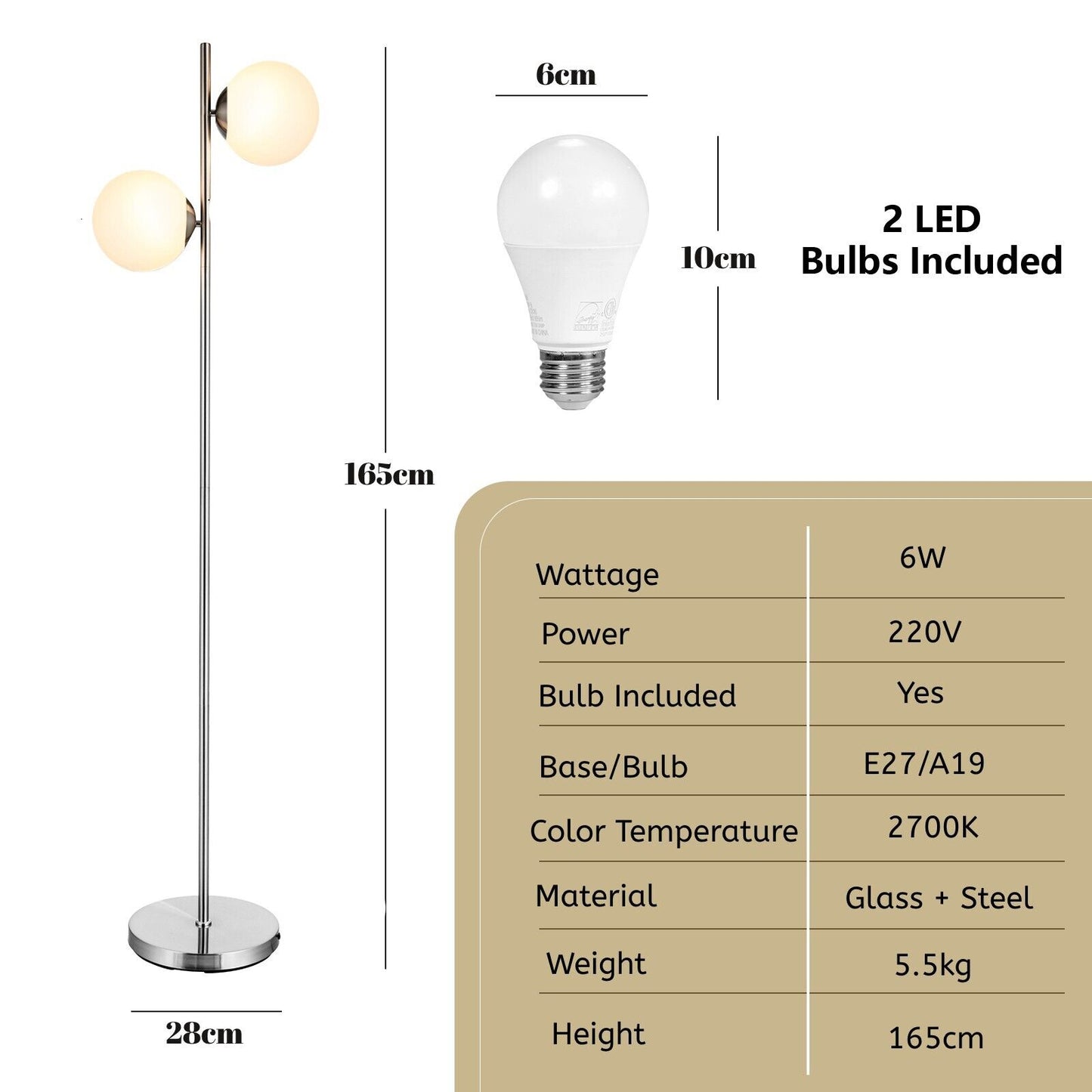 Modern Freestanding 2 Heads Globe Floor Lamp with Foot Switch-Silver