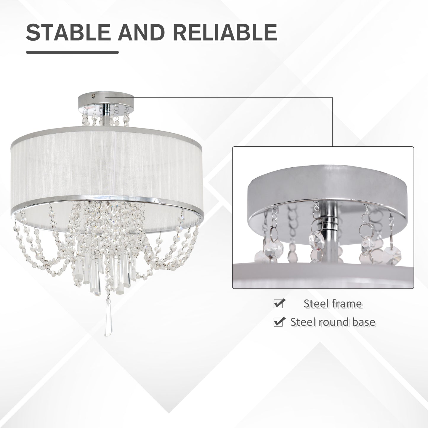 HOMCOM Elegant Metal Ceiling Light Chandelier with Pleated Fabric Lampshade, Decorative Crystal Pendants, for Living Room, Dining Room, Bedroom, White