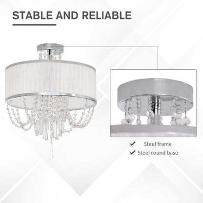 HOMCOM Elegant Metal Ceiling Light Chandelier with Pleated Fabric Lampshade, Decorative Crystal Pendants, for Living Room, Dining Room, Bedroom, White