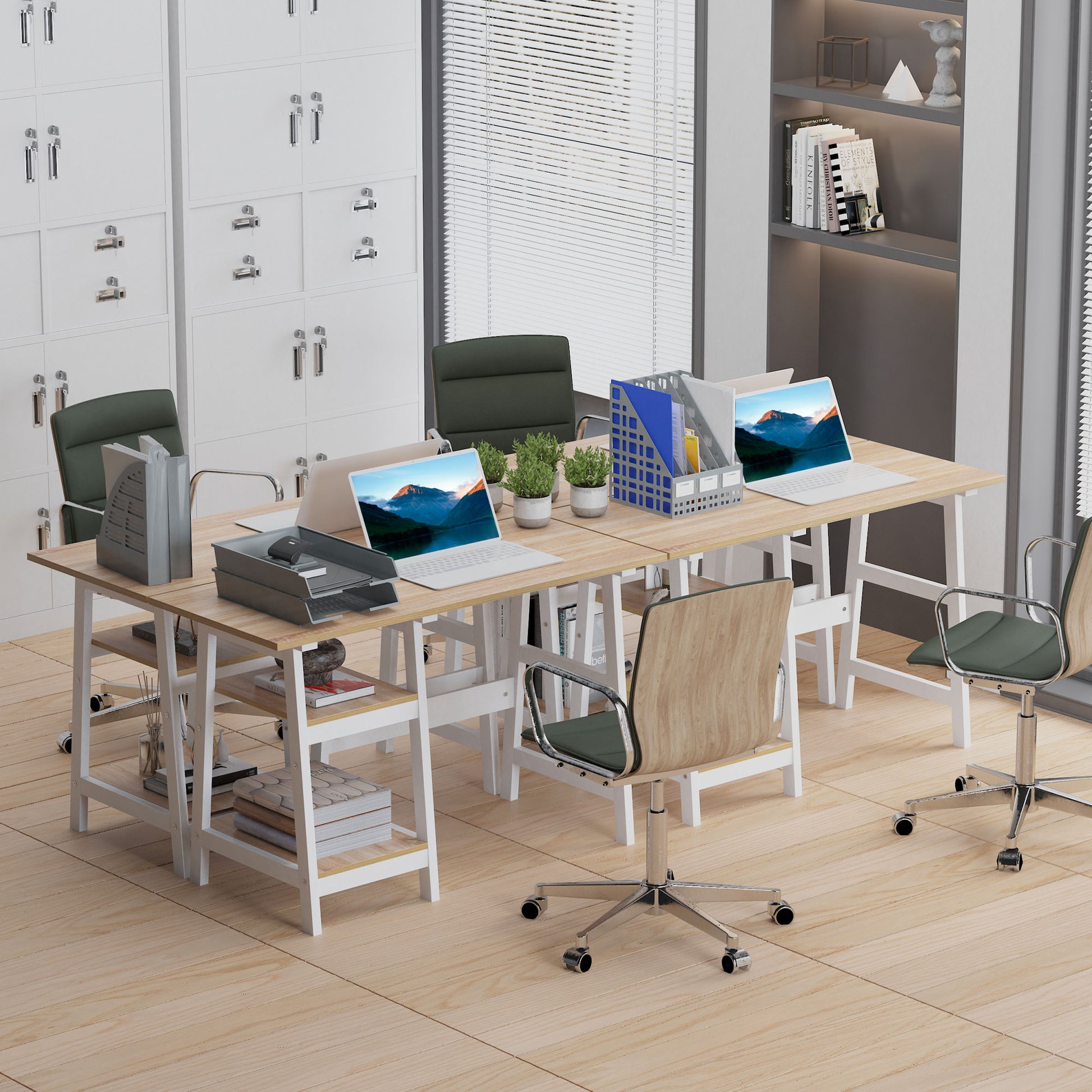 HOMCOM Compact Computer Desk with Storage Shelves Study Table with Bookshelf PC Table Workstation for Home Office Study White and Natural