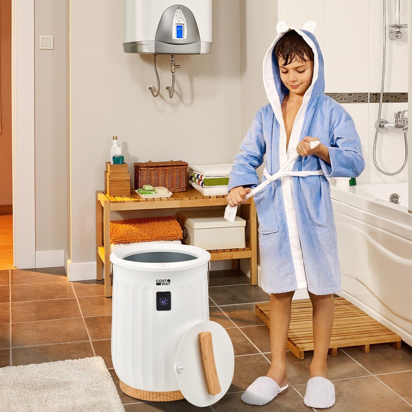 Luxury Bucket Towel Warmer with LED Display Timer and Handle-White