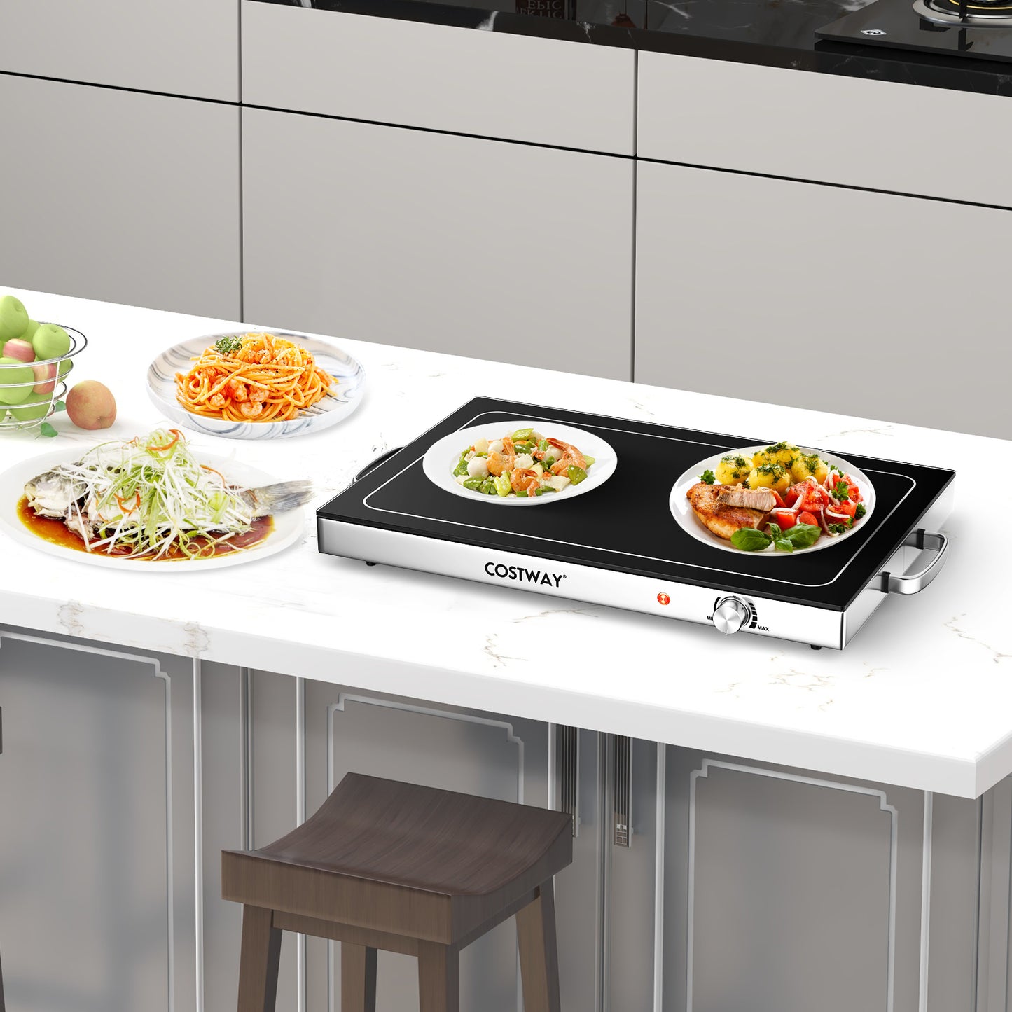 Food Warming Tray with Adjustable Temperature Control and Handles-Black