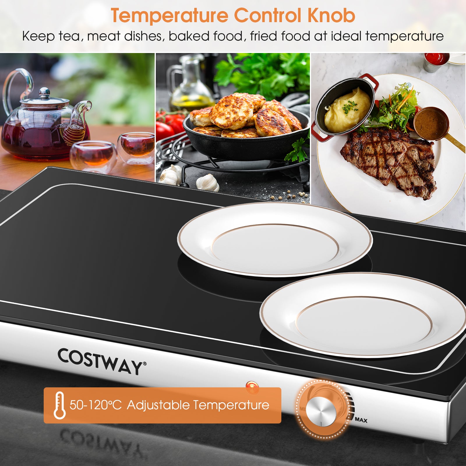 Food Warming Tray with Adjustable Temperature Control and Handles-Black