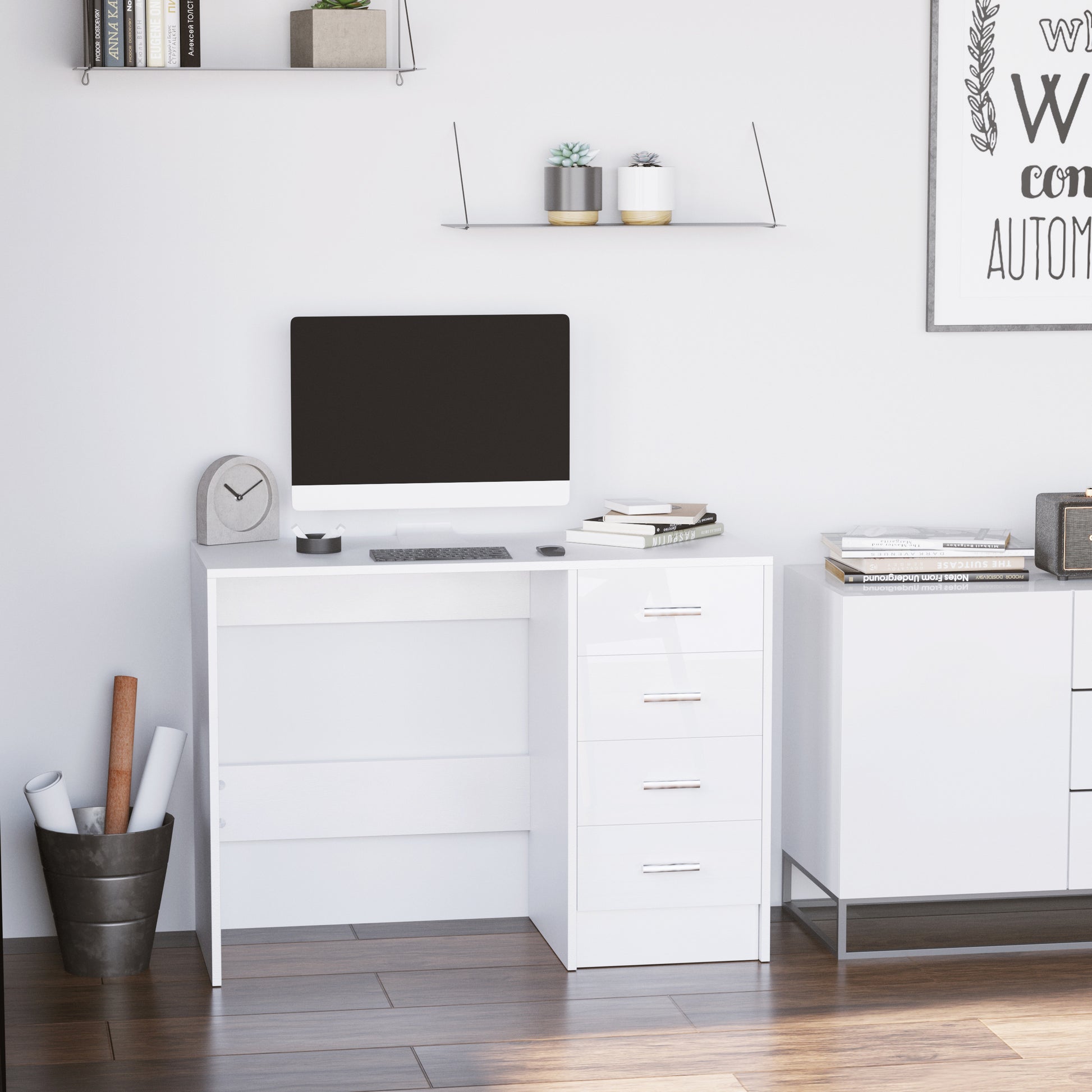 HOMCOM Computer Writing Desk with 4 Drawers, High Gloss Home Office Workstation, White