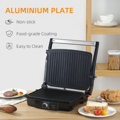 HOMCOM Health Grill & Panini Press, 4 Slice Toastie Machine, 2000W Electric Non-stick Grill with 180° Flat Open, Drip Tray and Adjustable Temperature