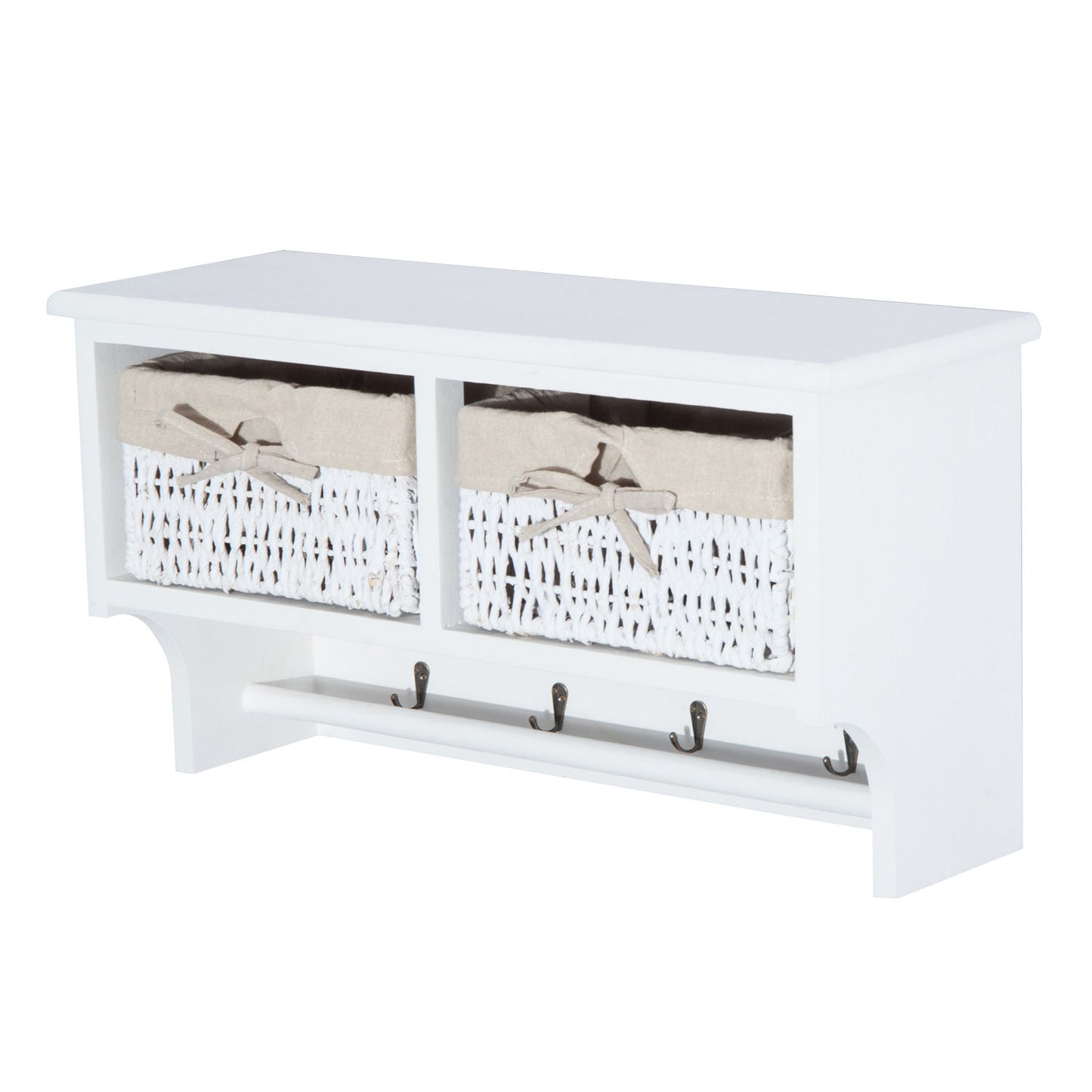 HOMCOM Entryway Coat Rack Wall Mounted Shelf w/Wicker Basket and Hooks (2 Baskets, White)