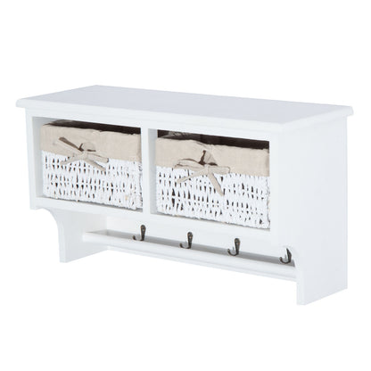 HOMCOM Entryway Coat Rack Wall Mounted Shelf w/Wicker Basket and Hooks (2 Baskets, White)