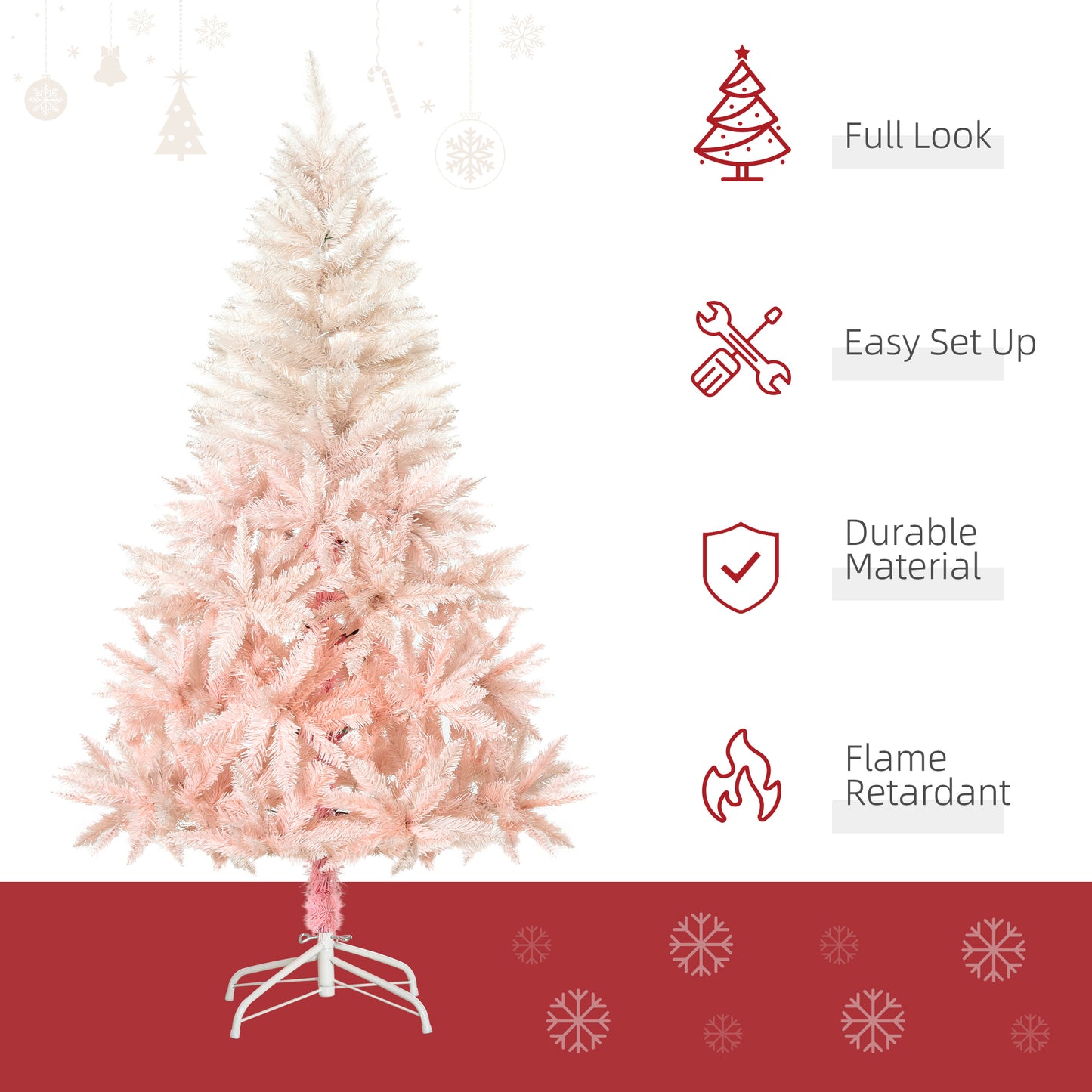 HOMCOM 5ft Artificial Christmas Tree Holiday Home Decoration with Metal Stand, Automatic Open, White and Pink