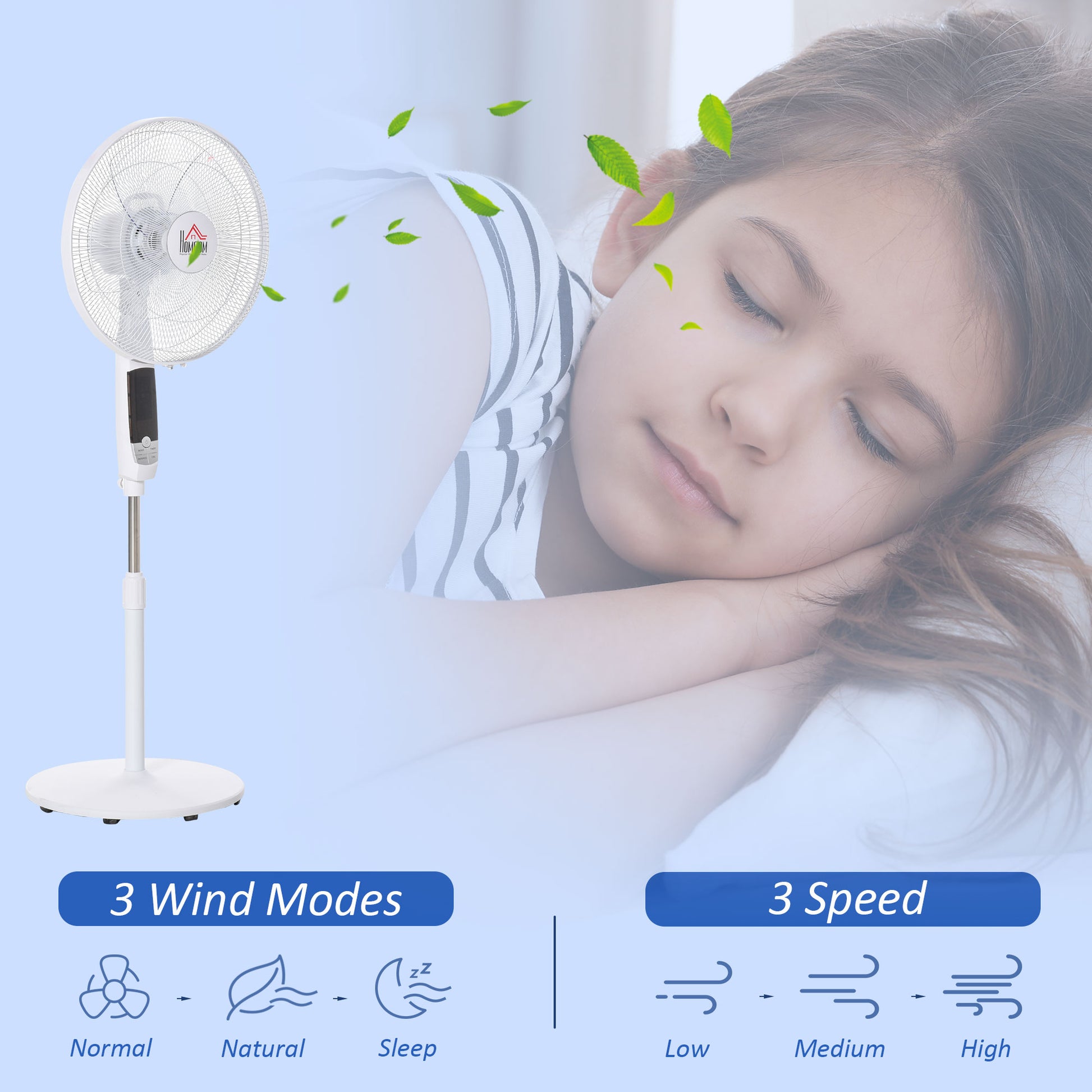 HOMCOM 54'' Pedestal Stand Fan, 3 Speed 3 Mode, 85° Oscillation, LED Panel, 3M Remote Controller, Height Adjustable for Living Room, Black & White