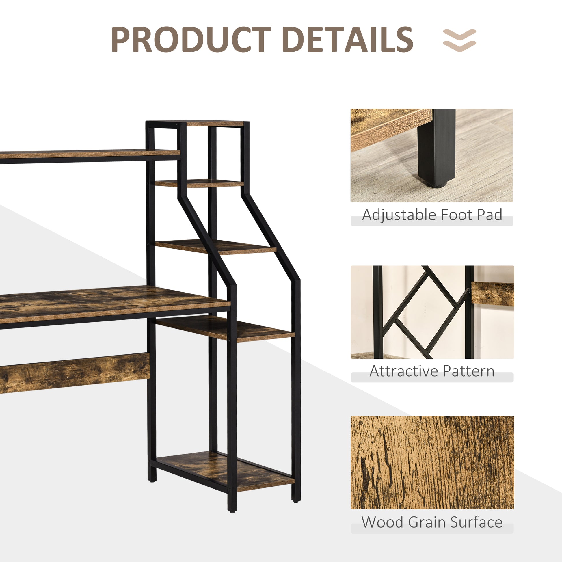 HOMCOM Computer Desk with Shelves Home Office Study Table with 6 Tier Storage Industrial Workstation for Small Spaces Rustic Brown