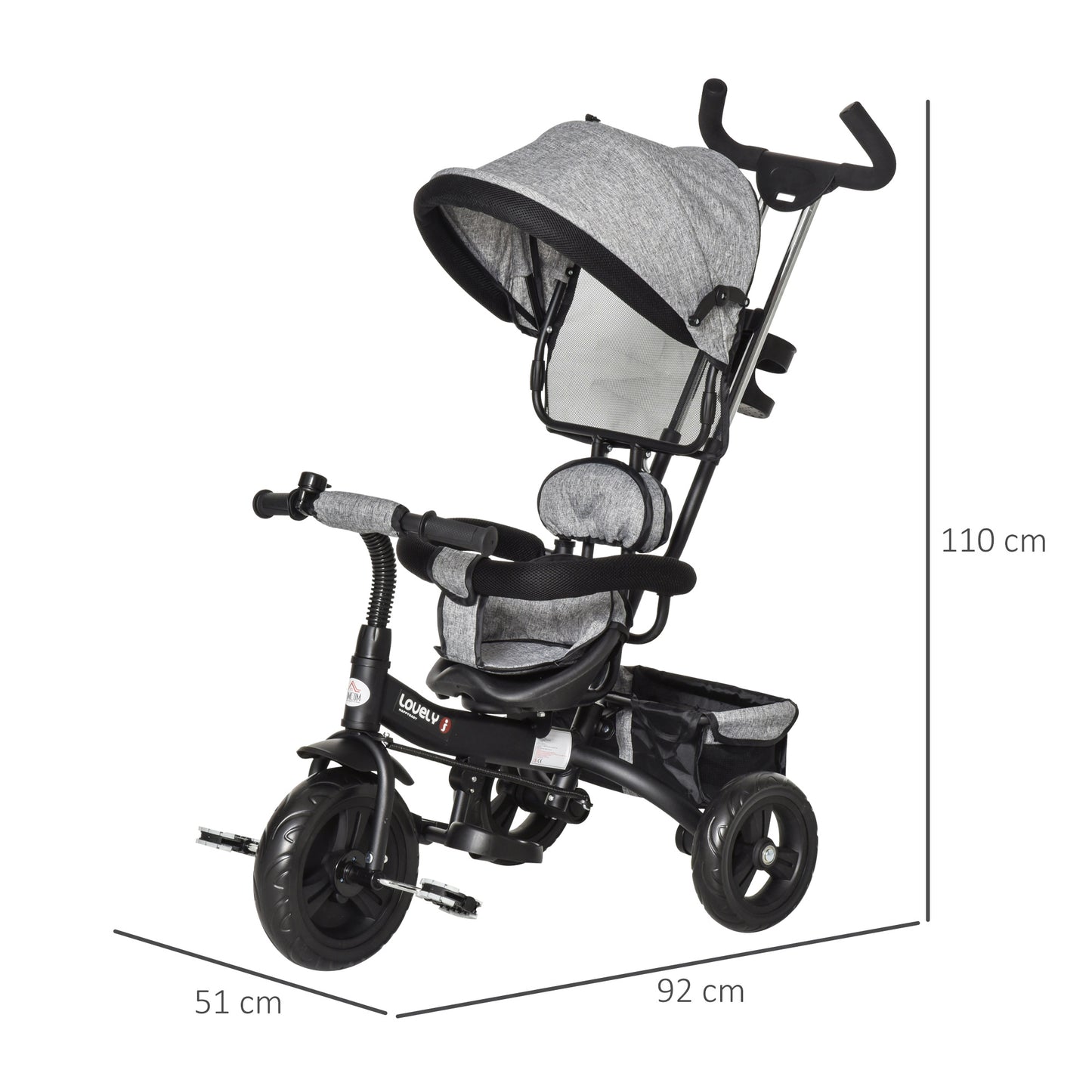 HOMCOM Toddler Bike Push Along Trike, 2-in-1 Cloth Tricycle Stroller w/ Push Handle, Detachable Guardrail & Storage Bag, Grey