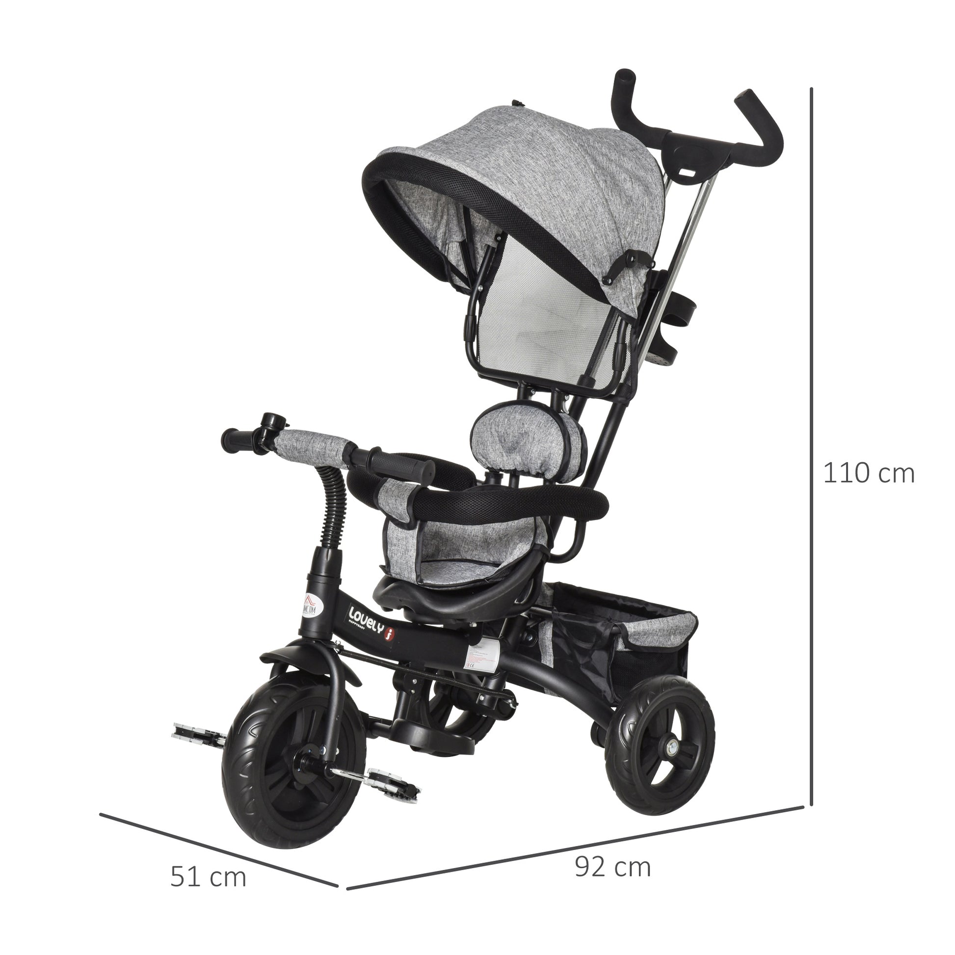 HOMCOM Toddler Bike Push Along Trike, 2-in-1 Cloth Tricycle Stroller w/ Push Handle, Detachable Guardrail & Storage Bag, Grey