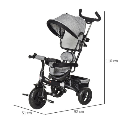 HOMCOM Toddler Bike Push Along Trike, 2-in-1 Cloth Tricycle Stroller w/ Push Handle, Detachable Guardrail & Storage Bag, Grey