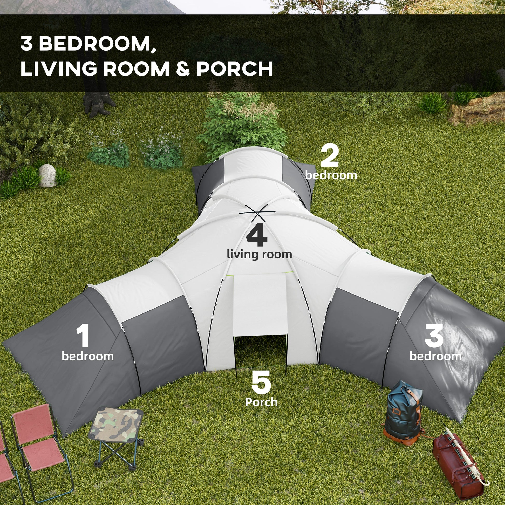 Outsunny 6-9 Man Tent with Bedrooms and Living Room, Accessories Included, Dark Grey