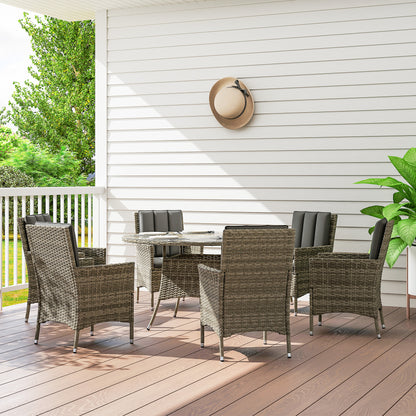 Outsunny Seven-Piece Rattan Dining Table, with Round Glass-Top Table - Light Grey