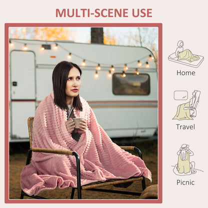 HOMCOM Flannel Fleece Throw Blanket, Fluffy Warm Throw Blanket, Striped Reversible Travel Bedspread, Double Size, 203 x 153cm, Pink