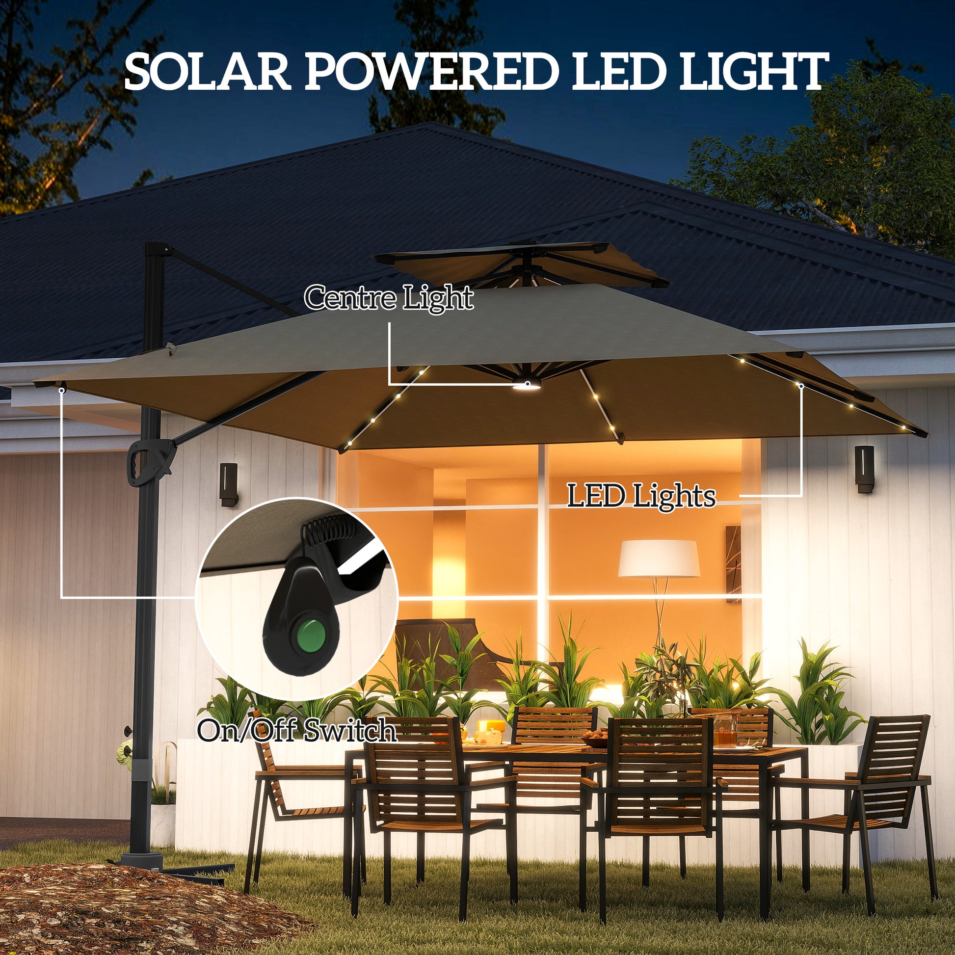 Outsunny 3.5x3 m Garden Cantilever Parasol with Solar LED Lights and Centre Light, UPF50+ Aluminium Patio Umbrella with 360° Rotation and Tilt, Hanging Sun Shade with Cross Base, Crank Handle, Khaki